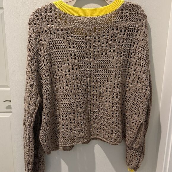 Free People Home Run Tan Crochet Knit Sweater with Yellow Trim size Small - Picture 5 of 11